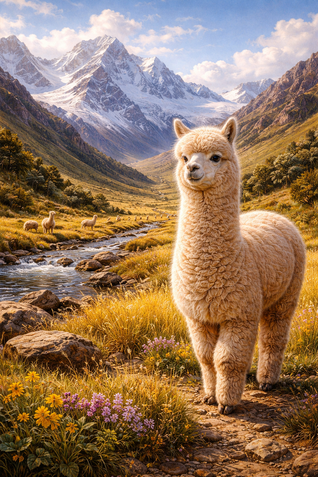A fluffy white alpaca standing in the Andean highlands with snow-capped mountains behind