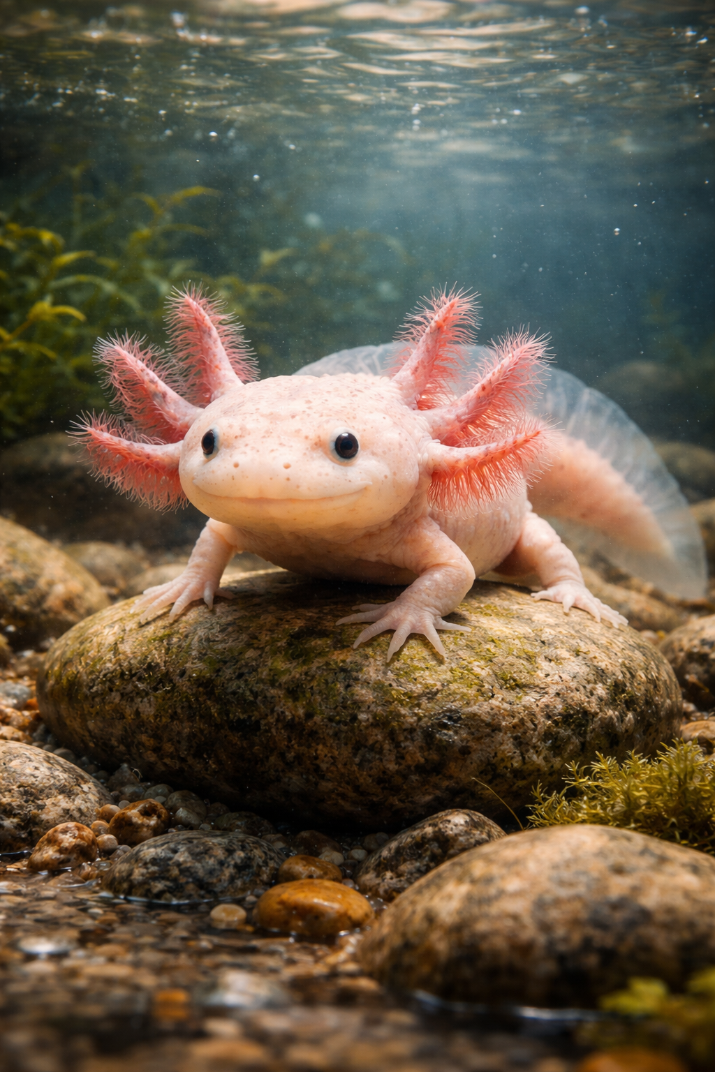A pink axolotl resting on a river stone underwater with feathery gills fanning out