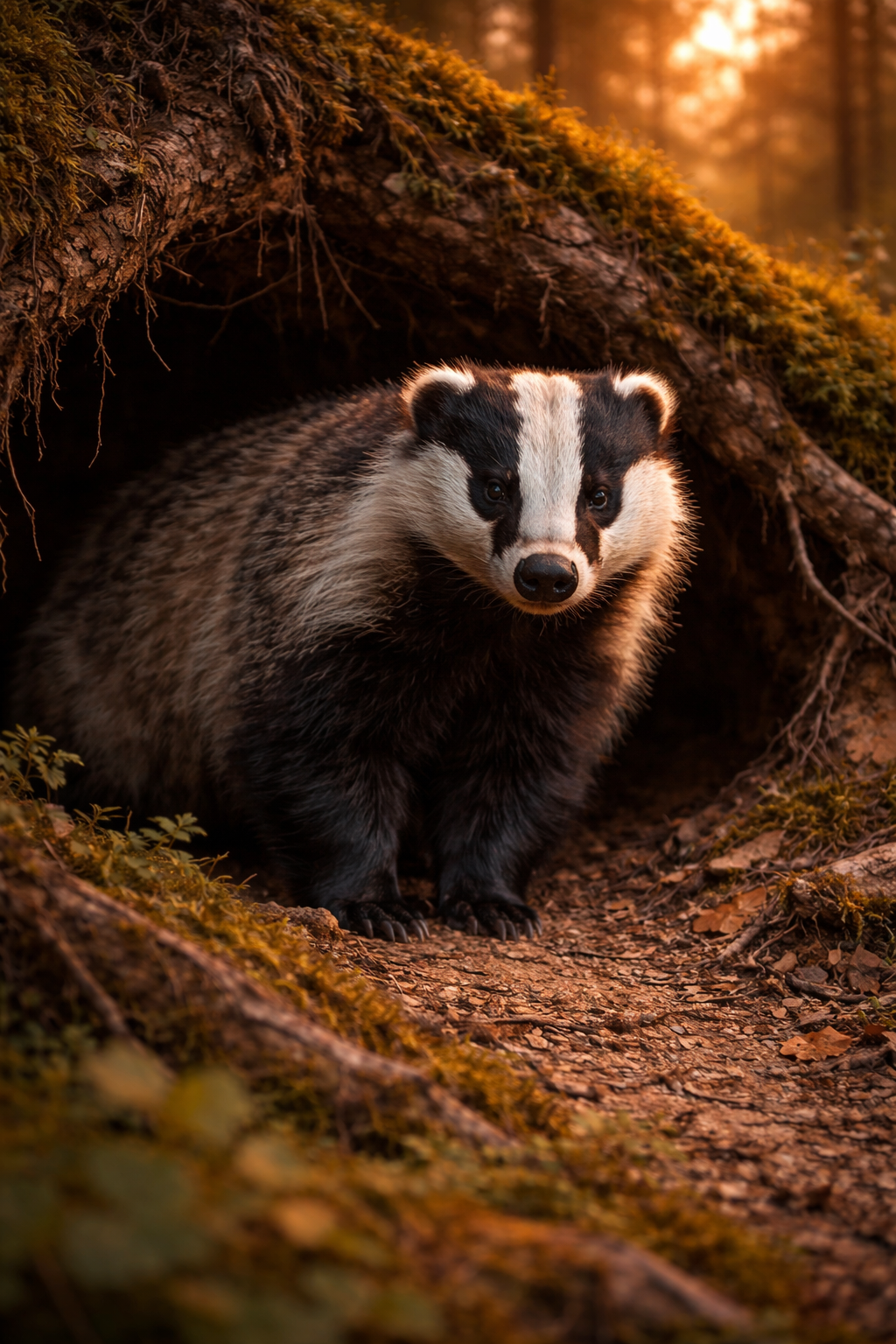 Photorealistic painting of a European badger at its sett entrance in a woodland at golden hour