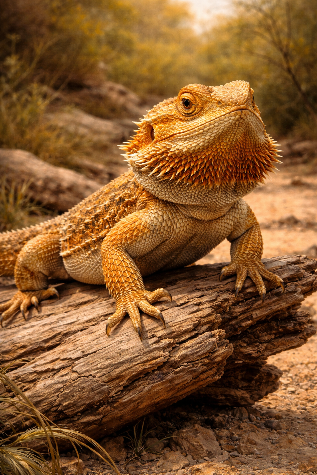 Photorealistic painting of a vivid orange bearded dragon perched on a log in the Australian outback