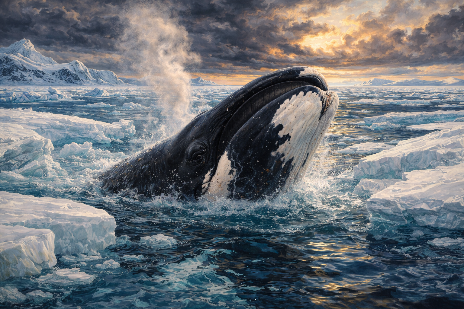 Photorealistic painting of a bowhead whale surfacing through arctic ice with dramatic stormy sky