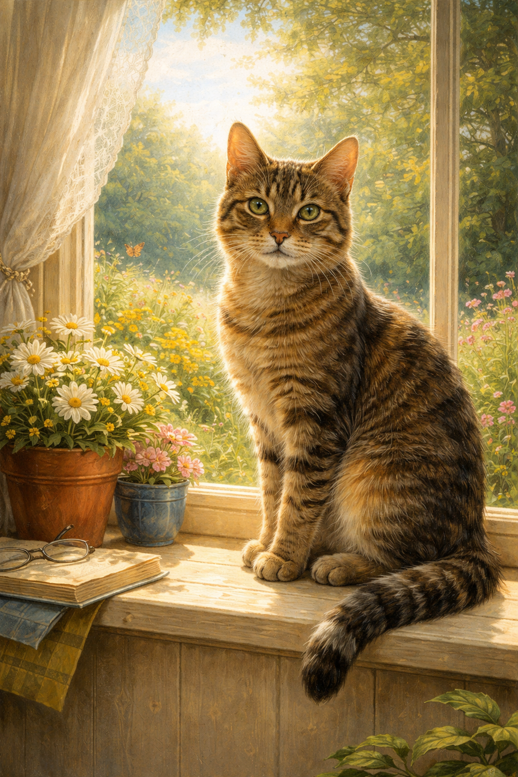 A tabby cat sitting on a sunny windowsill with flowers and a garden beyond