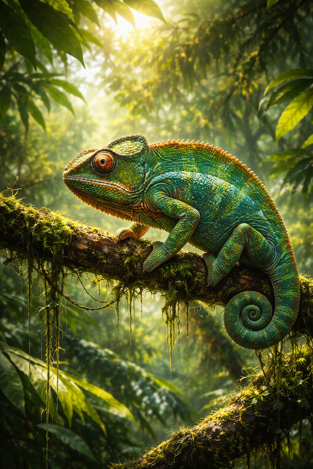 Photorealistic painting of a chameleon in rainforest