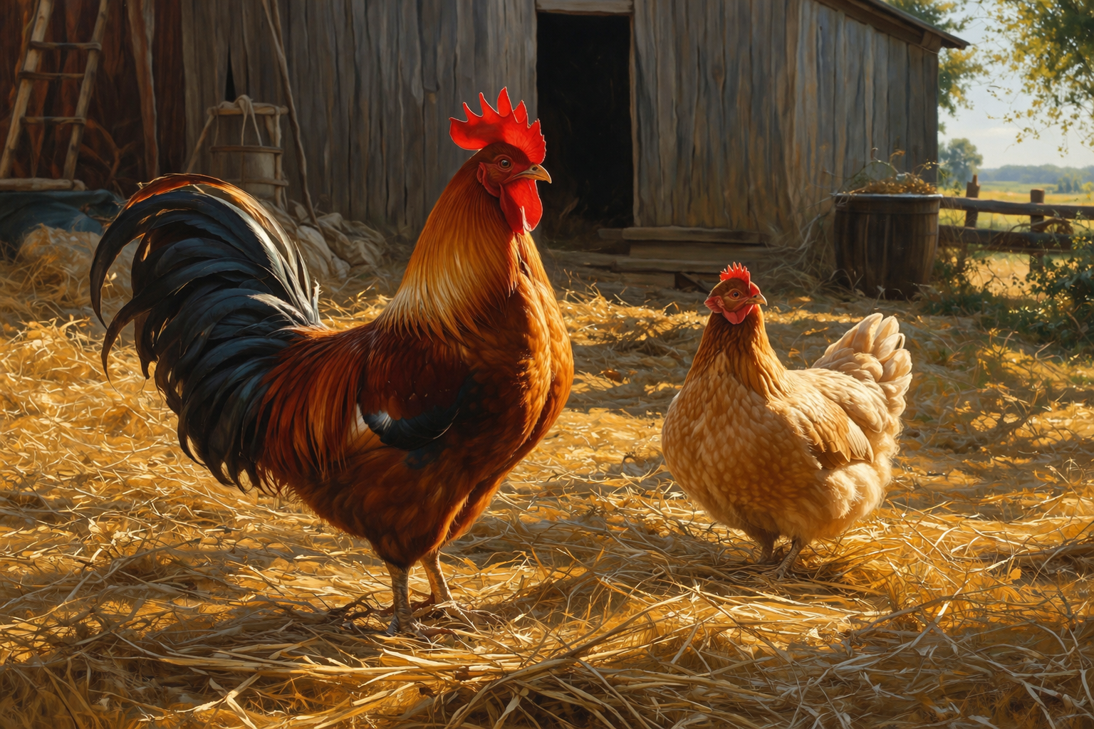 Photorealistic painting of a rooster and hen in a sunlit farmyard