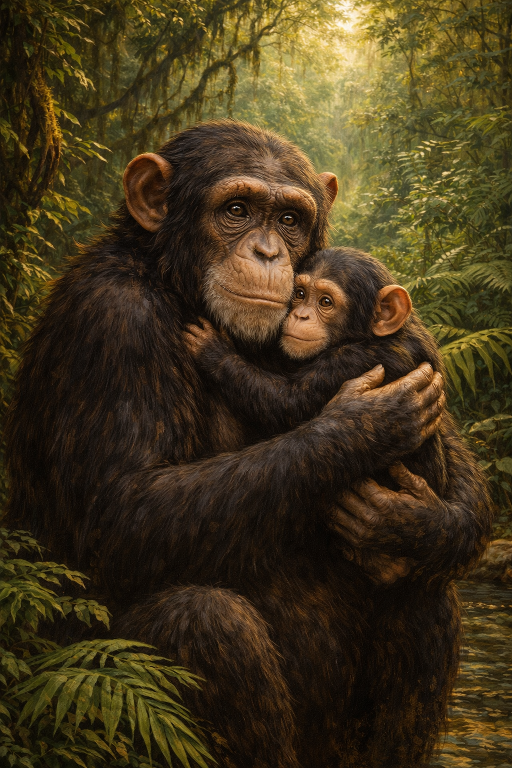 A mother chimpanzee tenderly holding her infant in a lush rainforest