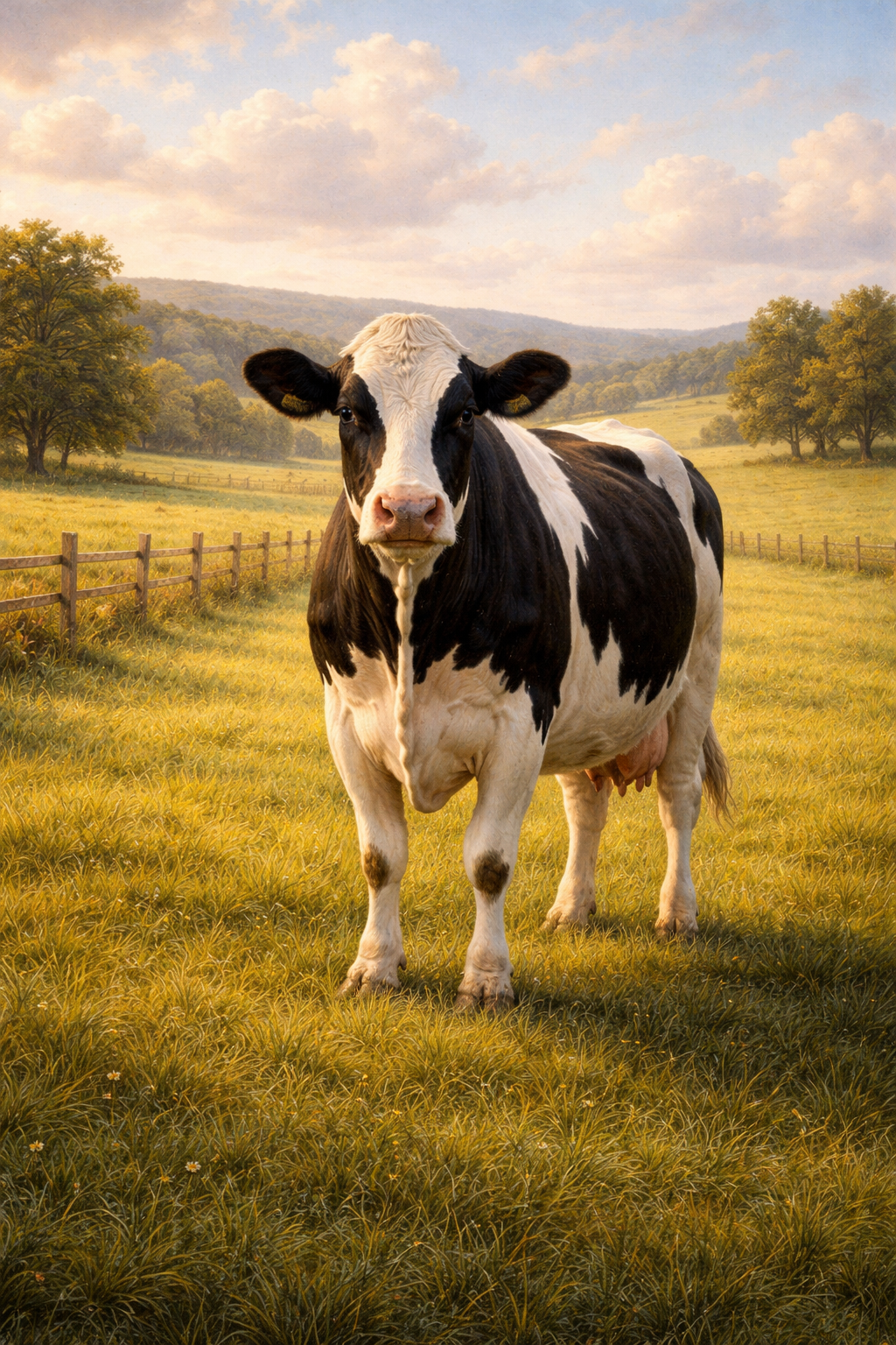 Photorealistic painting of a Holstein dairy cow standing in a golden summer pasture with wooden fence and rolling hills