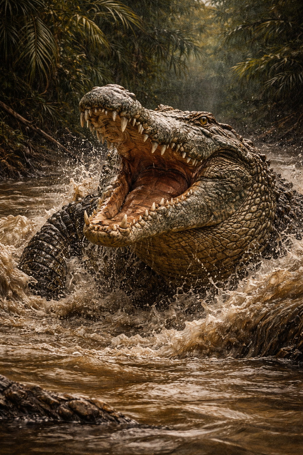 A crocodile lunging from a river with jaws wide open surrounded by spray