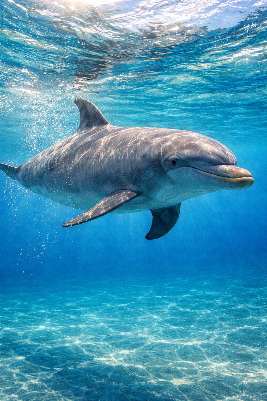 A bottlenose dolphin leaping from golden sunset ocean waves