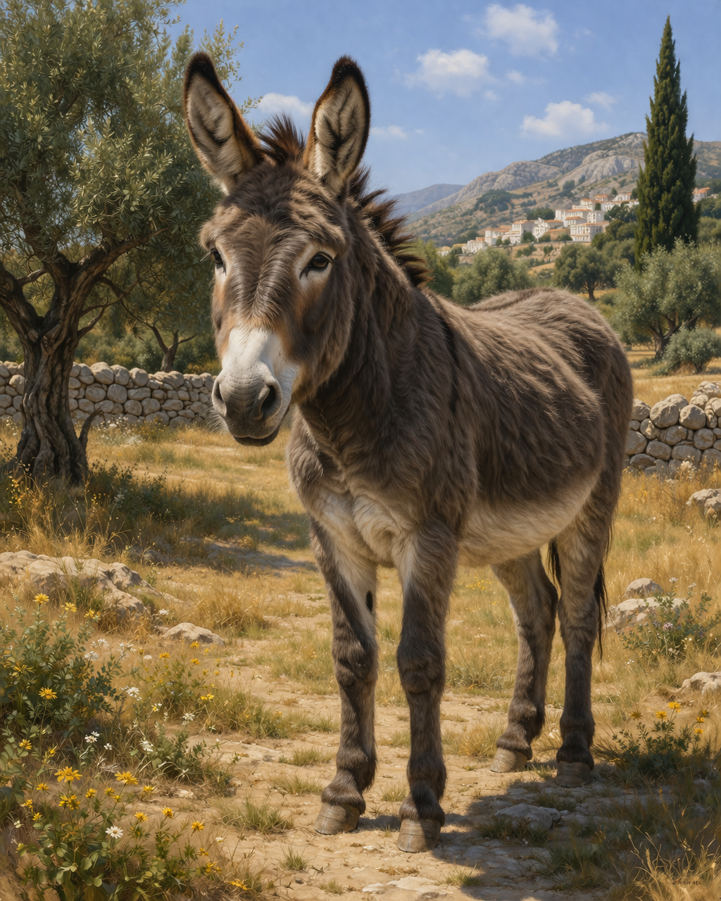 A donkey standing in a sunny Mediterranean landscape with olive trees and a hilltop village