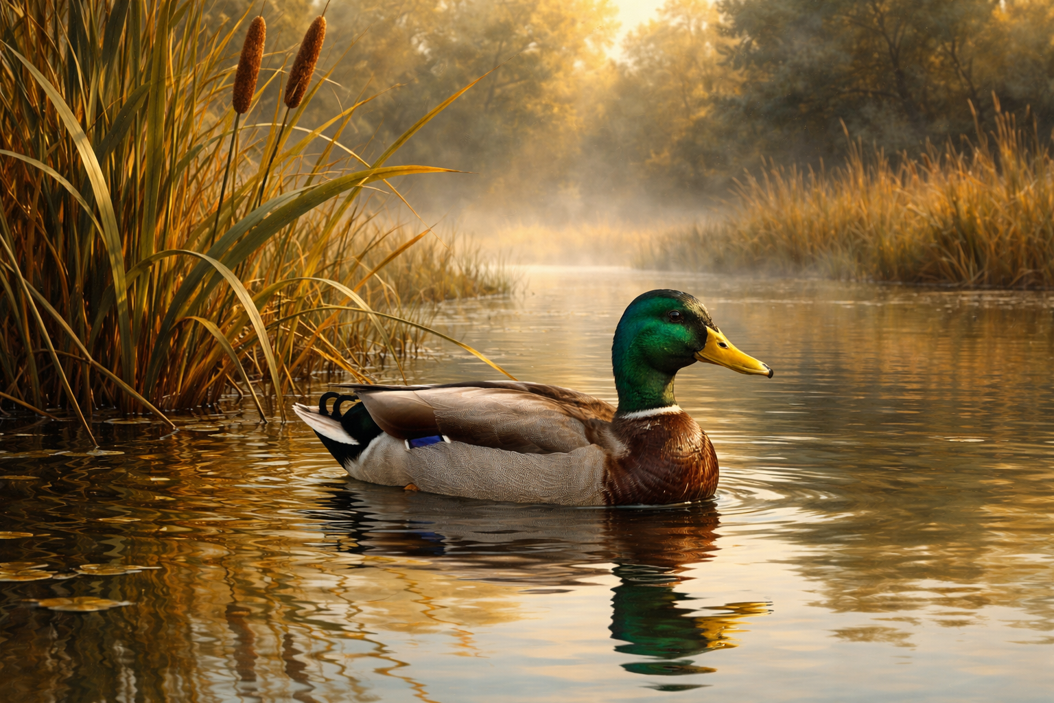 Photorealistic painting of a mallard duck on a calm pond with reeds at dawn