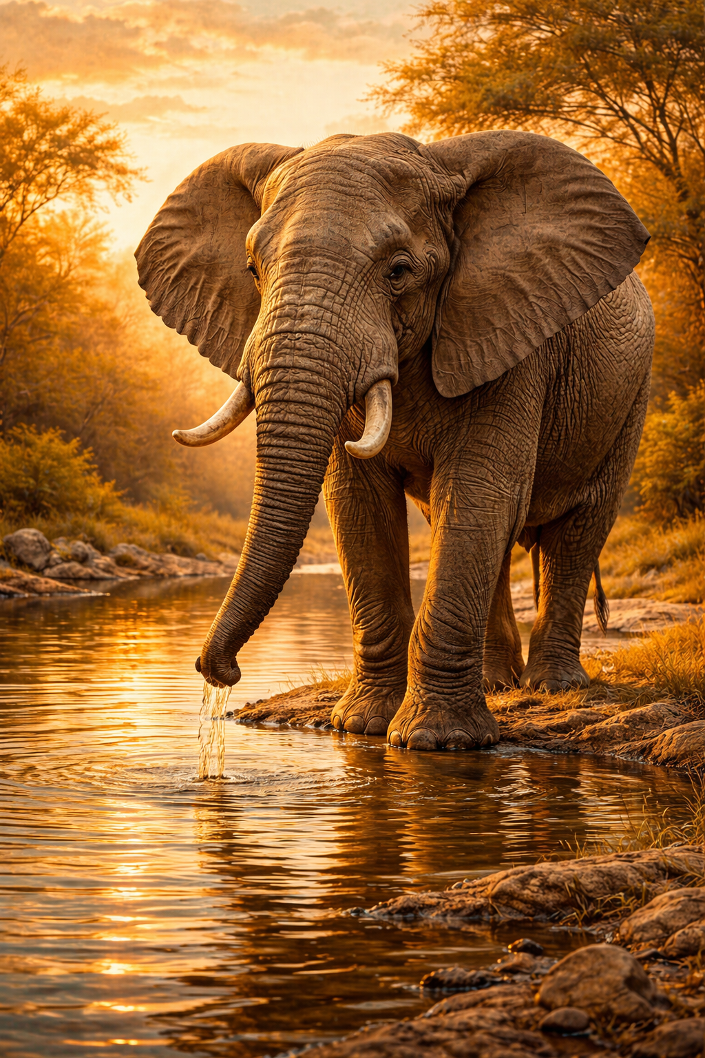 African elephant drinking from a golden river at sunset, tusks and trunk visible