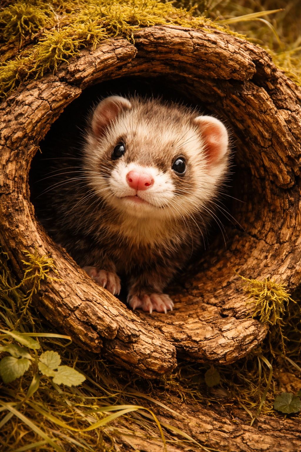 A ferret peering curiously out of a hollow moss-covered log