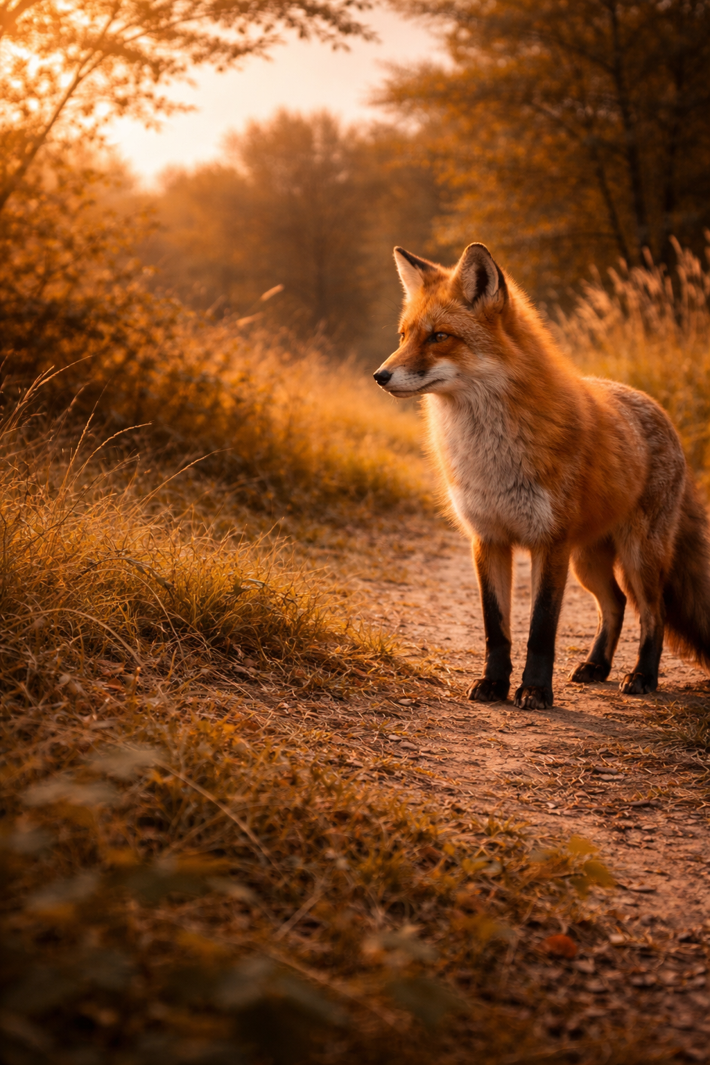 Photorealistic painting of a red fox vixen with three kits at the den entrance