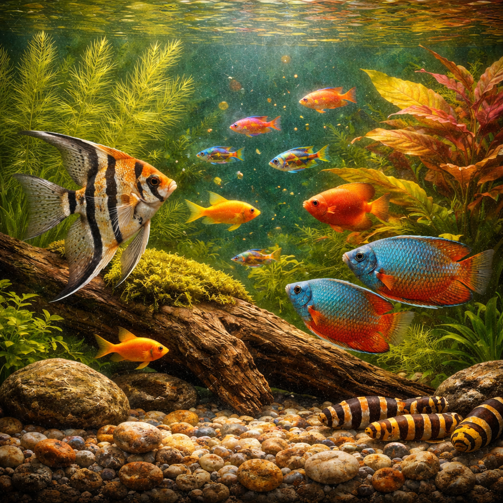 Photorealistic painting of a vibrant freshwater aquarium with angelfish, gouramis, and tropical fish among aquatic plants and driftwood