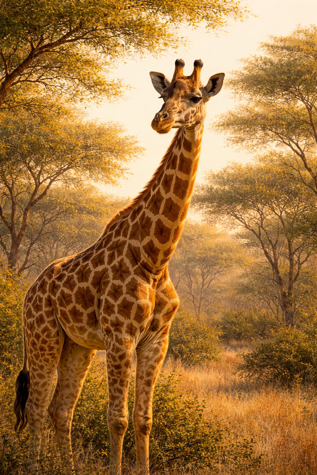 Close-up portrait of a giraffe head and long neck among acacia trees