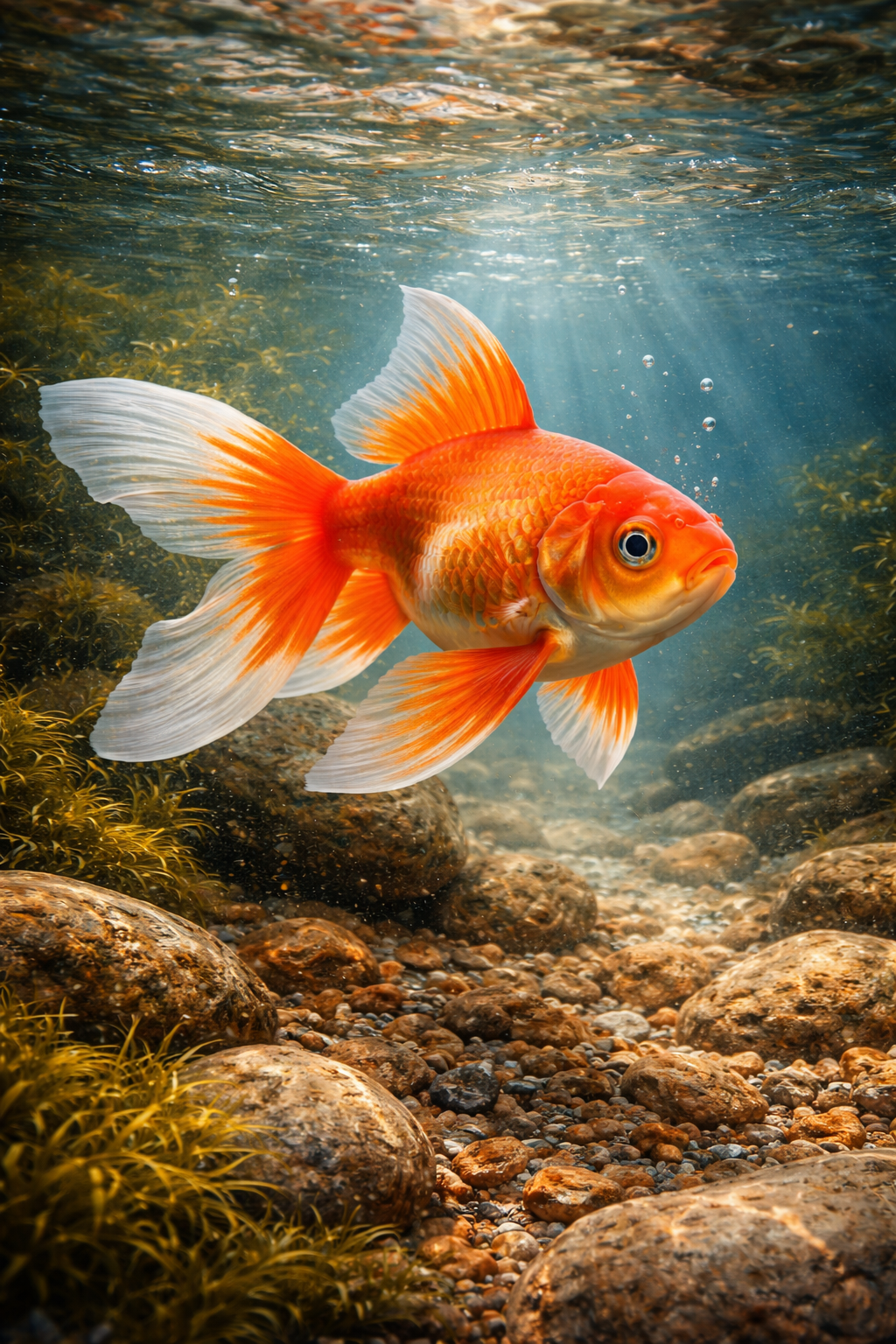 A vivid orange goldfish swimming in clear water with light rays from the surface