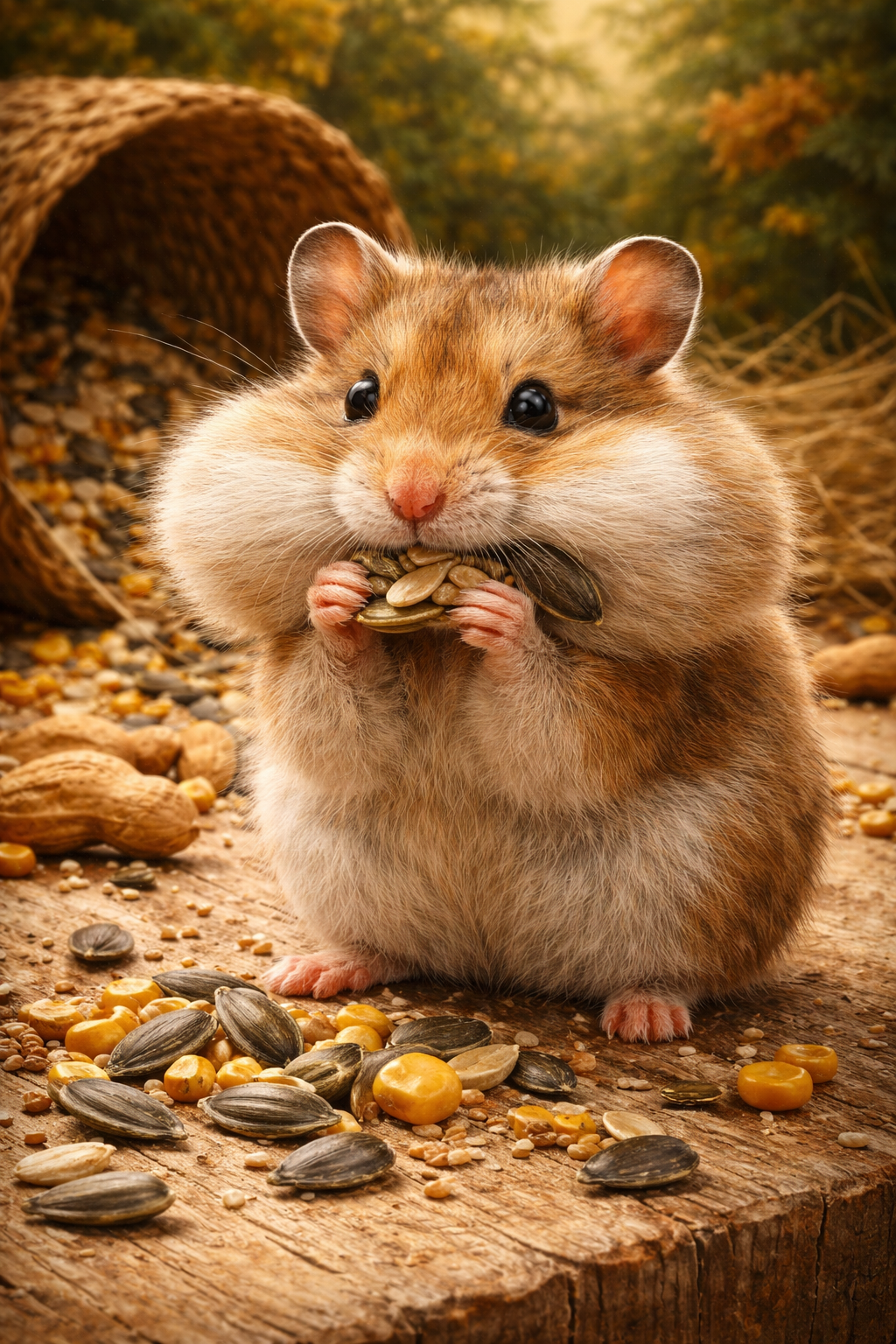 A hamster holding a seed with stuffed cheeks surrounded by sunflower seeds