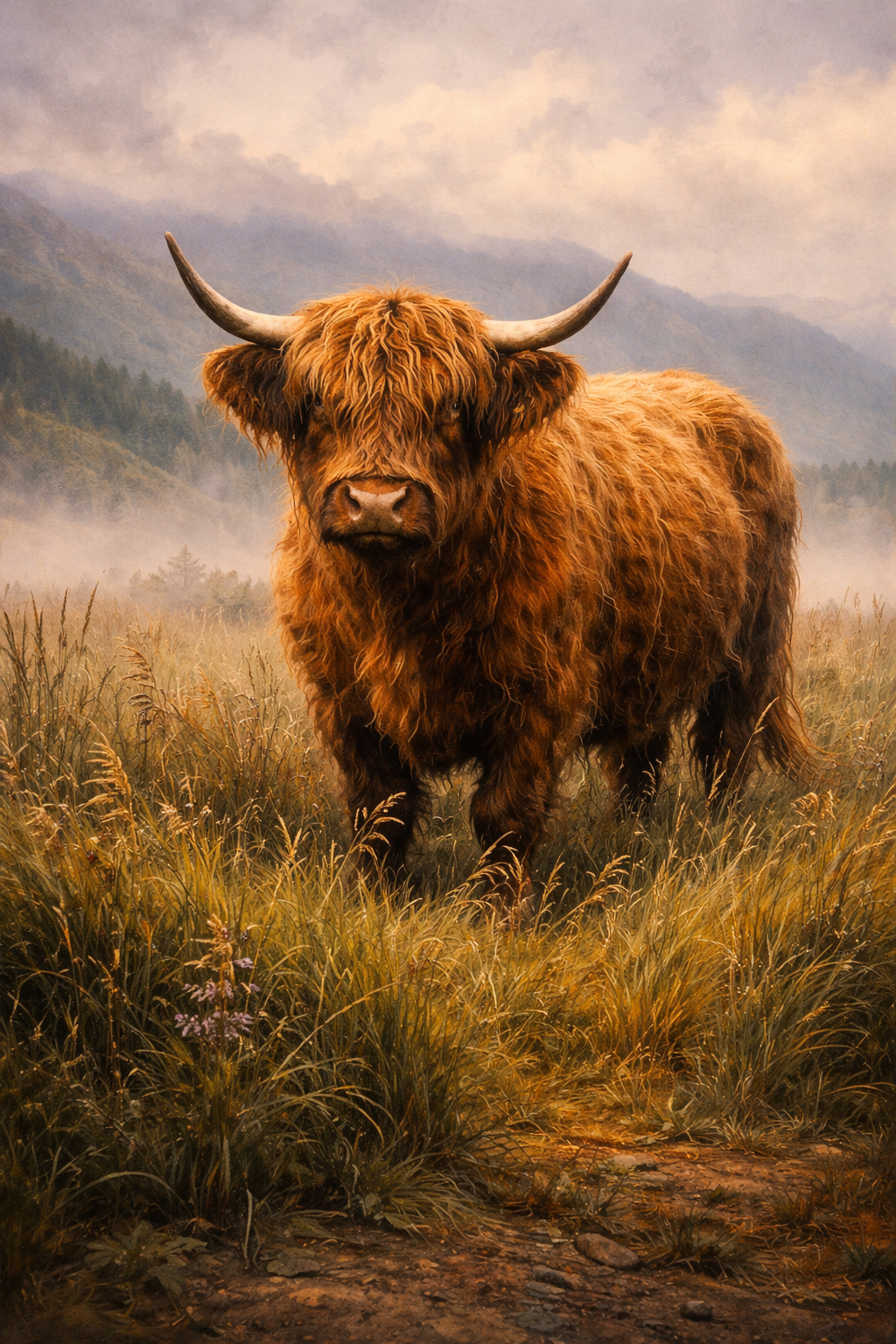 Photorealistic painting of a Highland cow in a misty Scottish glen