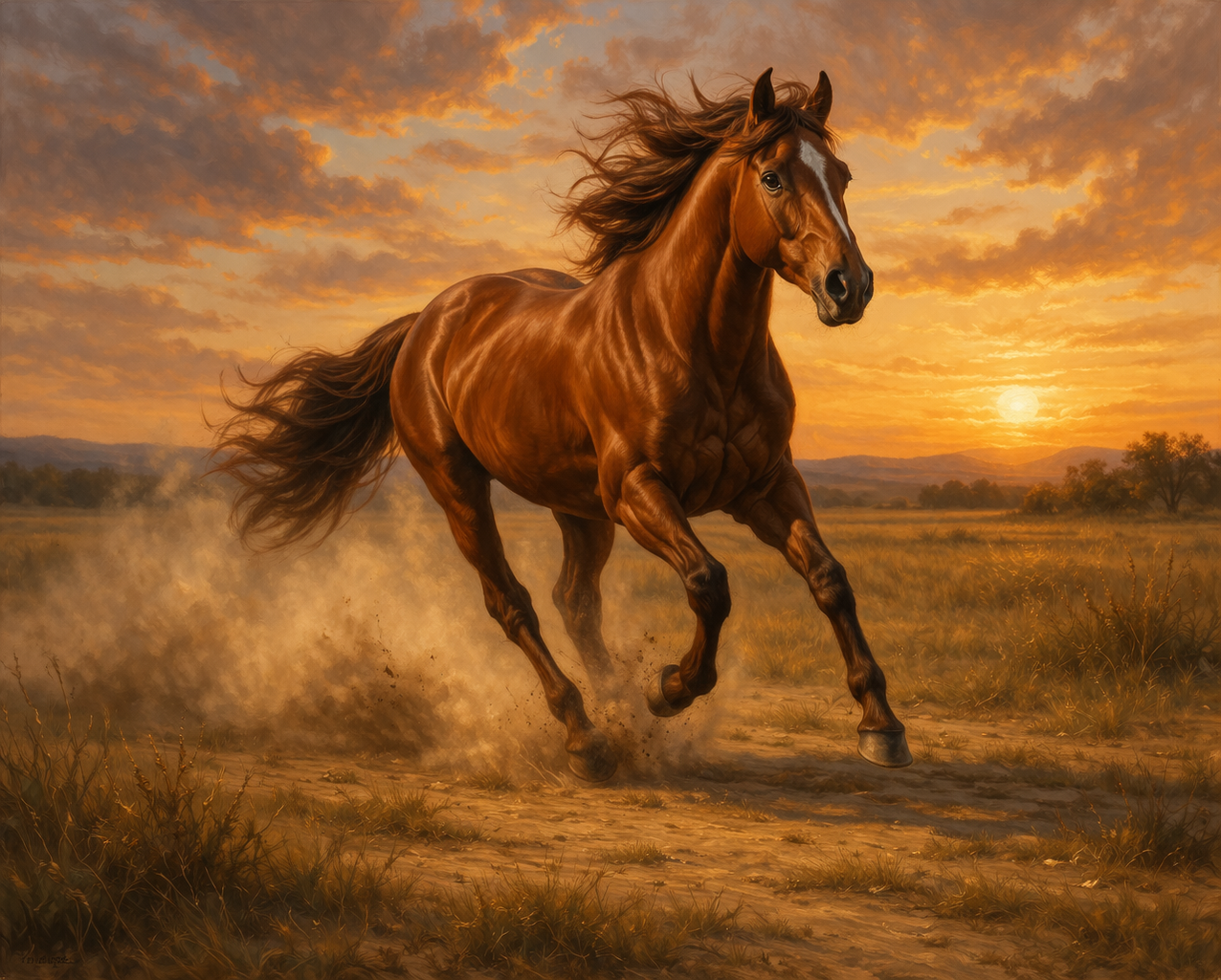 Chestnut horse galloping at full speed across an open field at sunset, mane flowing