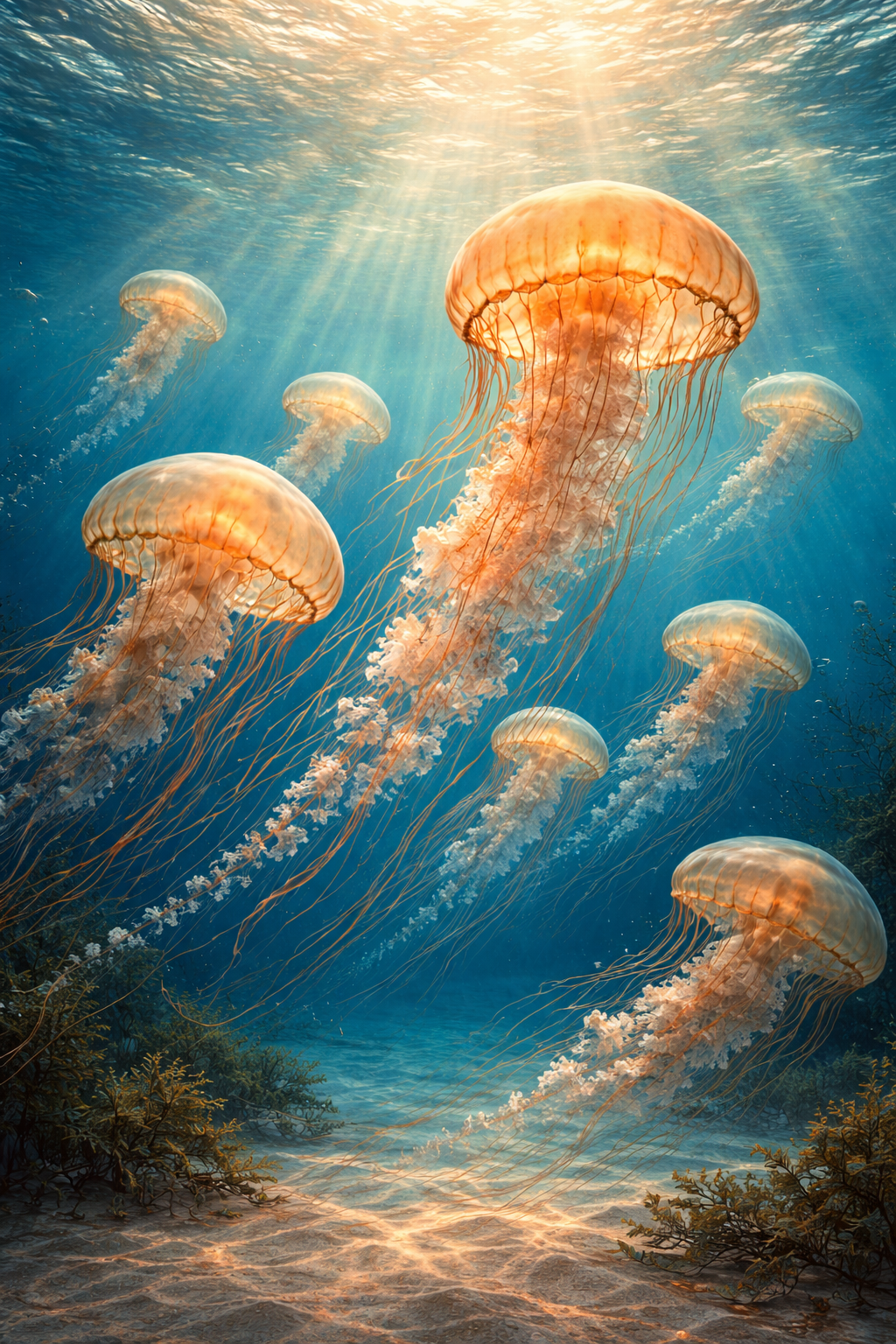 Bloom of jellyfish drifting through blue water with golden light rays from above
