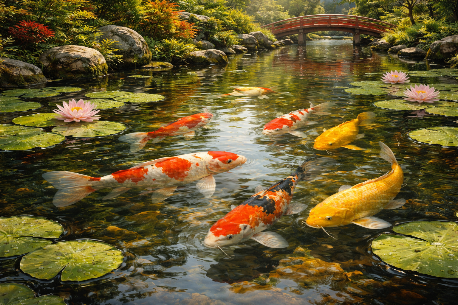 Photorealistic painting of colorful koi fish in a Japanese garden pond with lily pads