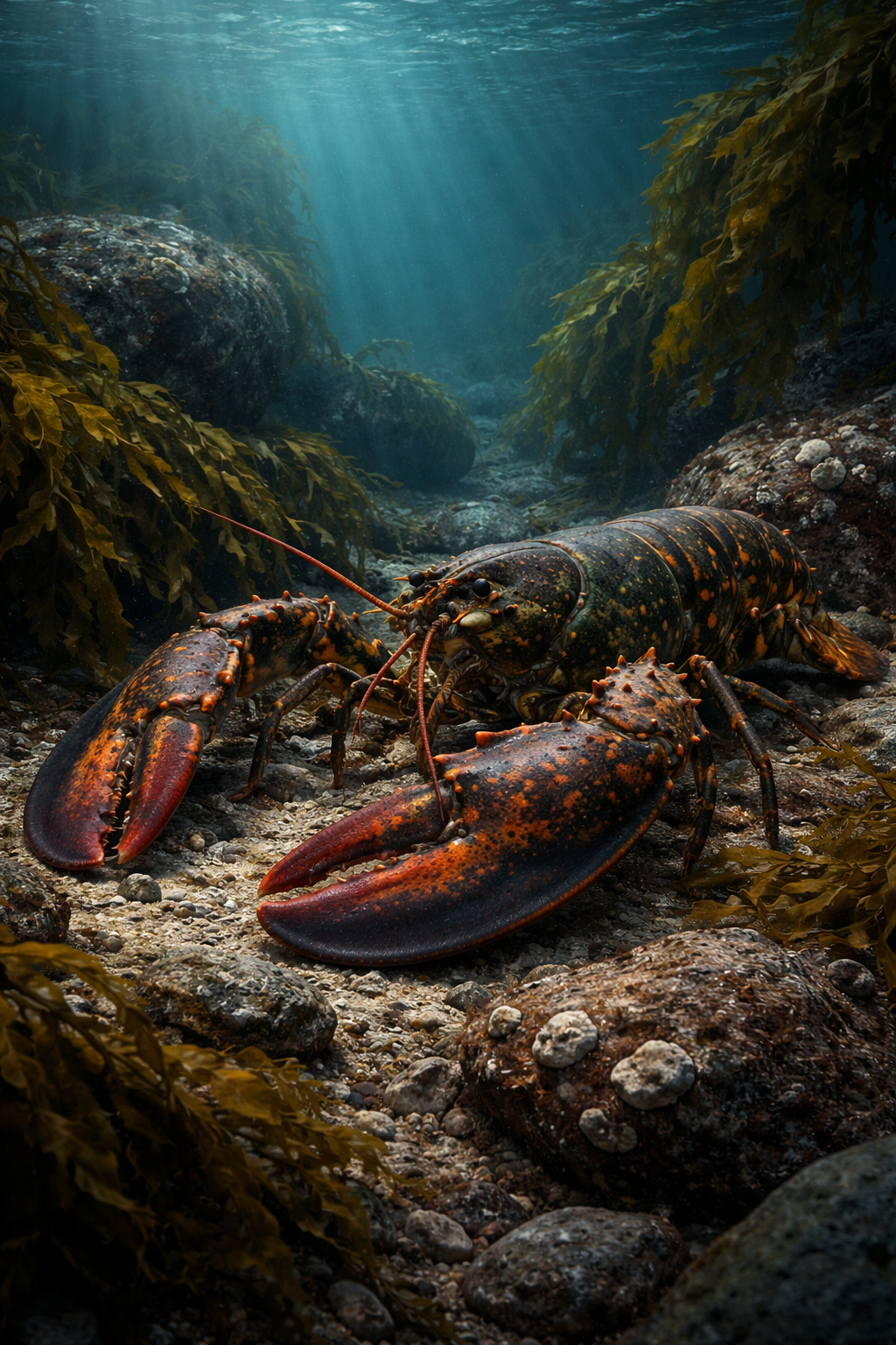 Lobster on the Atlantic ocean floor surrounded by kelp and barnacled rocks with light rays above