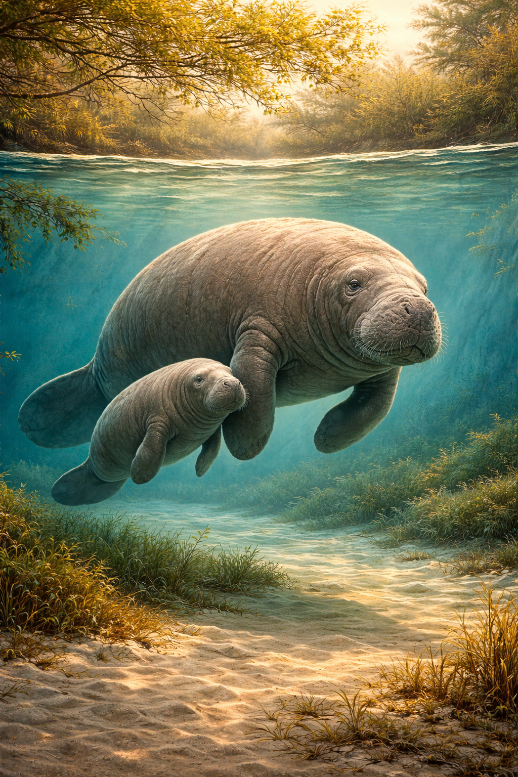 Manatee floating underwater, facing the viewer, flippers spread, light rays from above