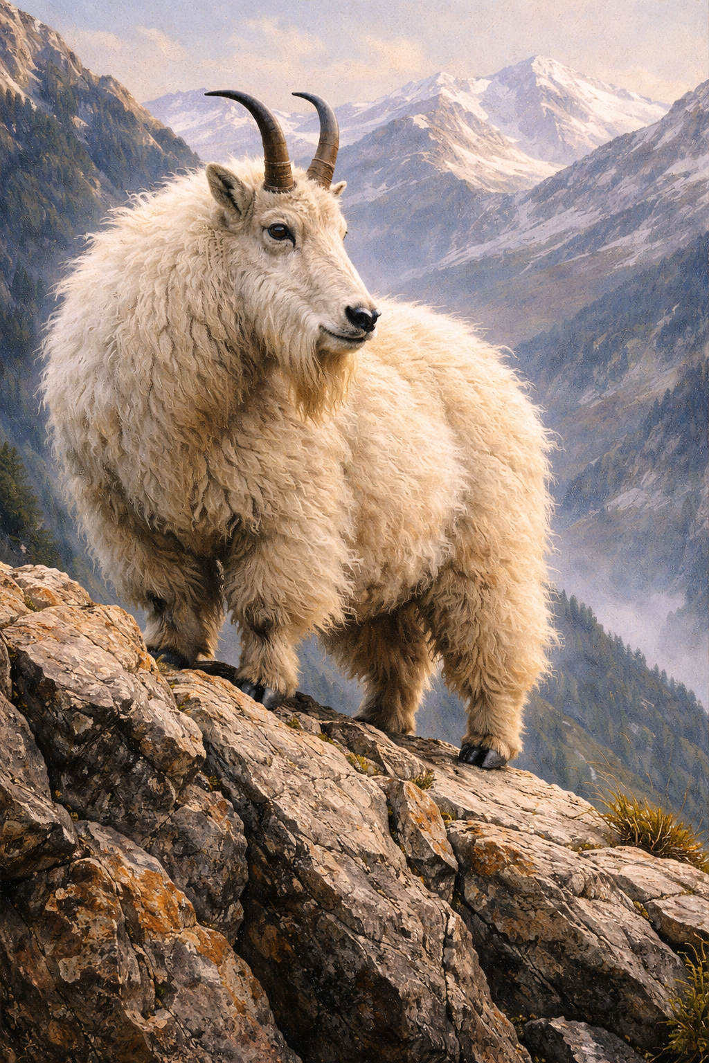 Photorealistic painting of a mountain goat on a Rocky Mountain cliff face