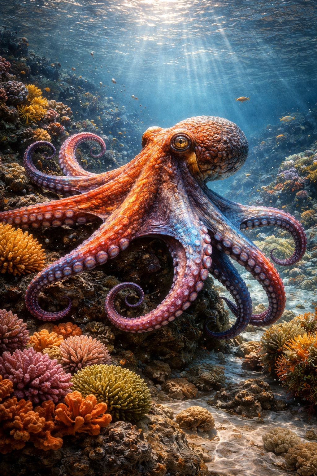 Large octopus with vivid orange and purple arms spread across a coral reef, golden eye visible