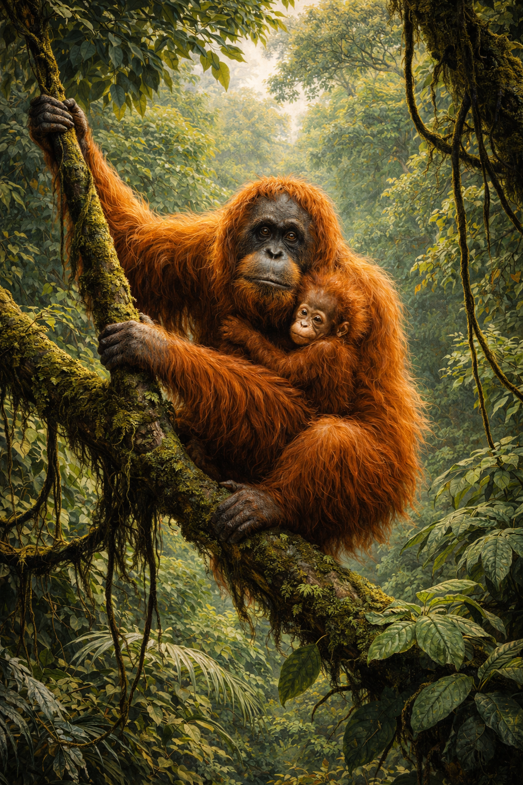 A mother orangutan holding her infant in a lush rainforest canopy, clinging to a moss-covered vine