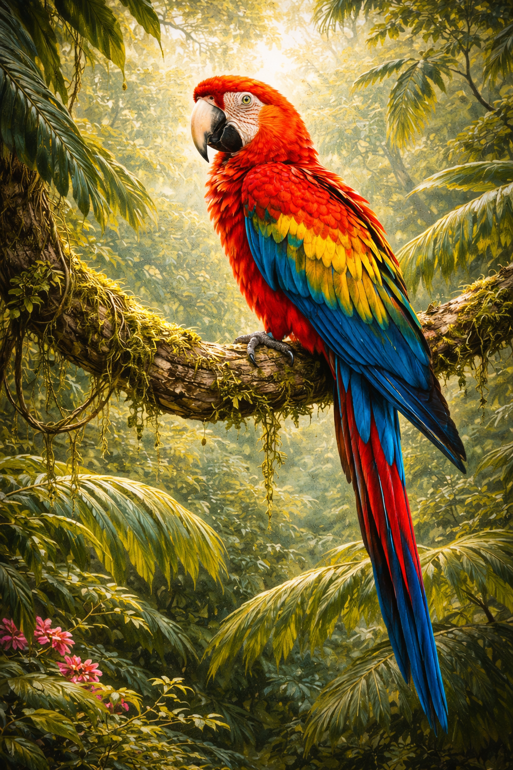 A scarlet macaw perched on a moss-covered branch in a lush rainforest