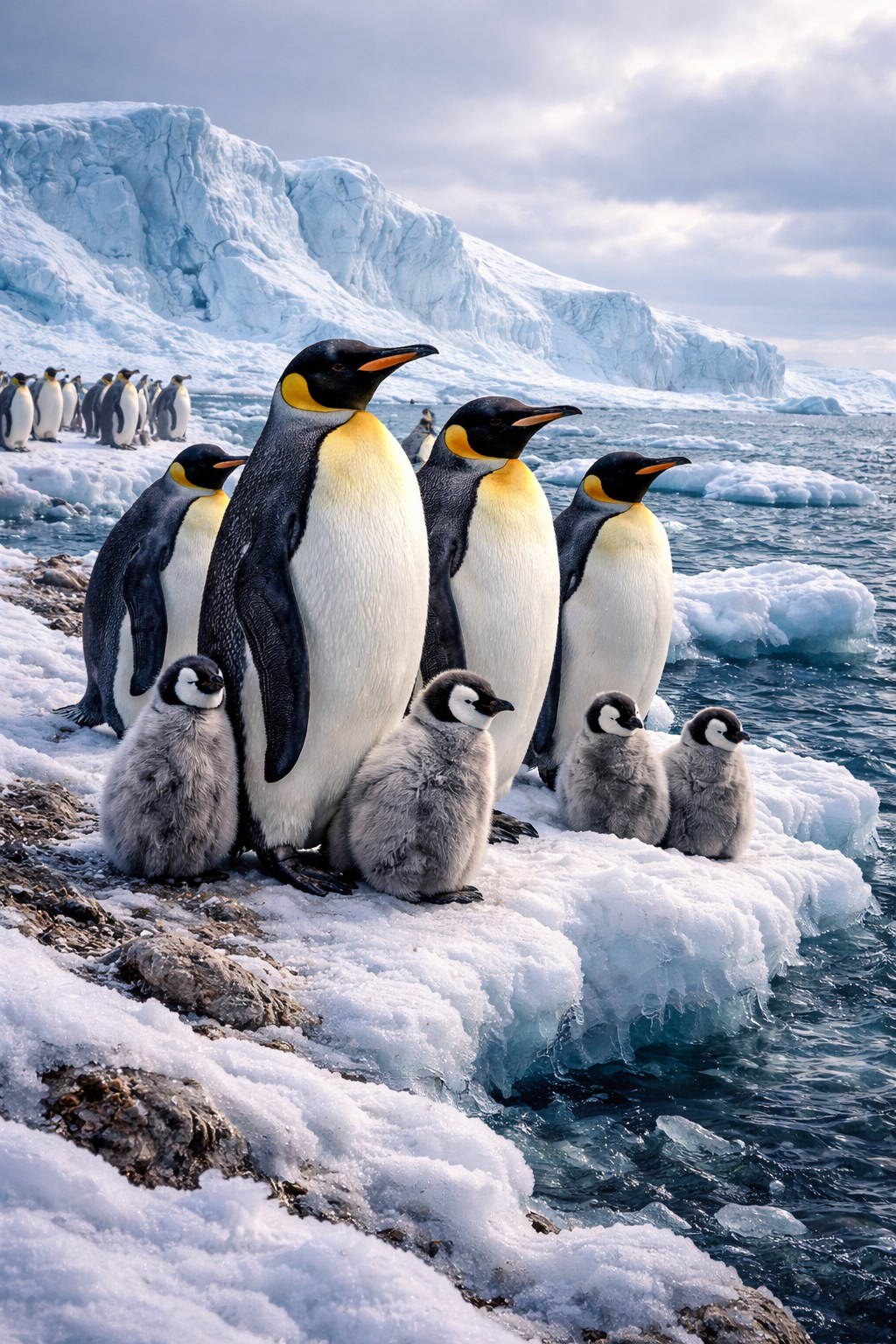 Photorealistic painting of emperor penguin adults with fluffy gray chicks on Antarctic ice with glaciers behind