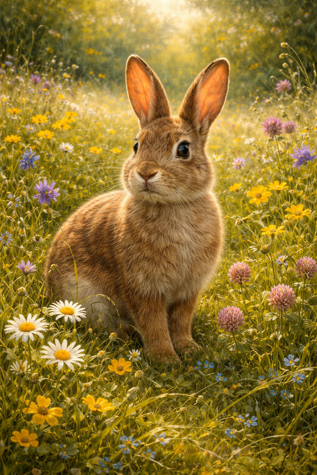 A brown rabbit sitting alert in a wildflower meadow