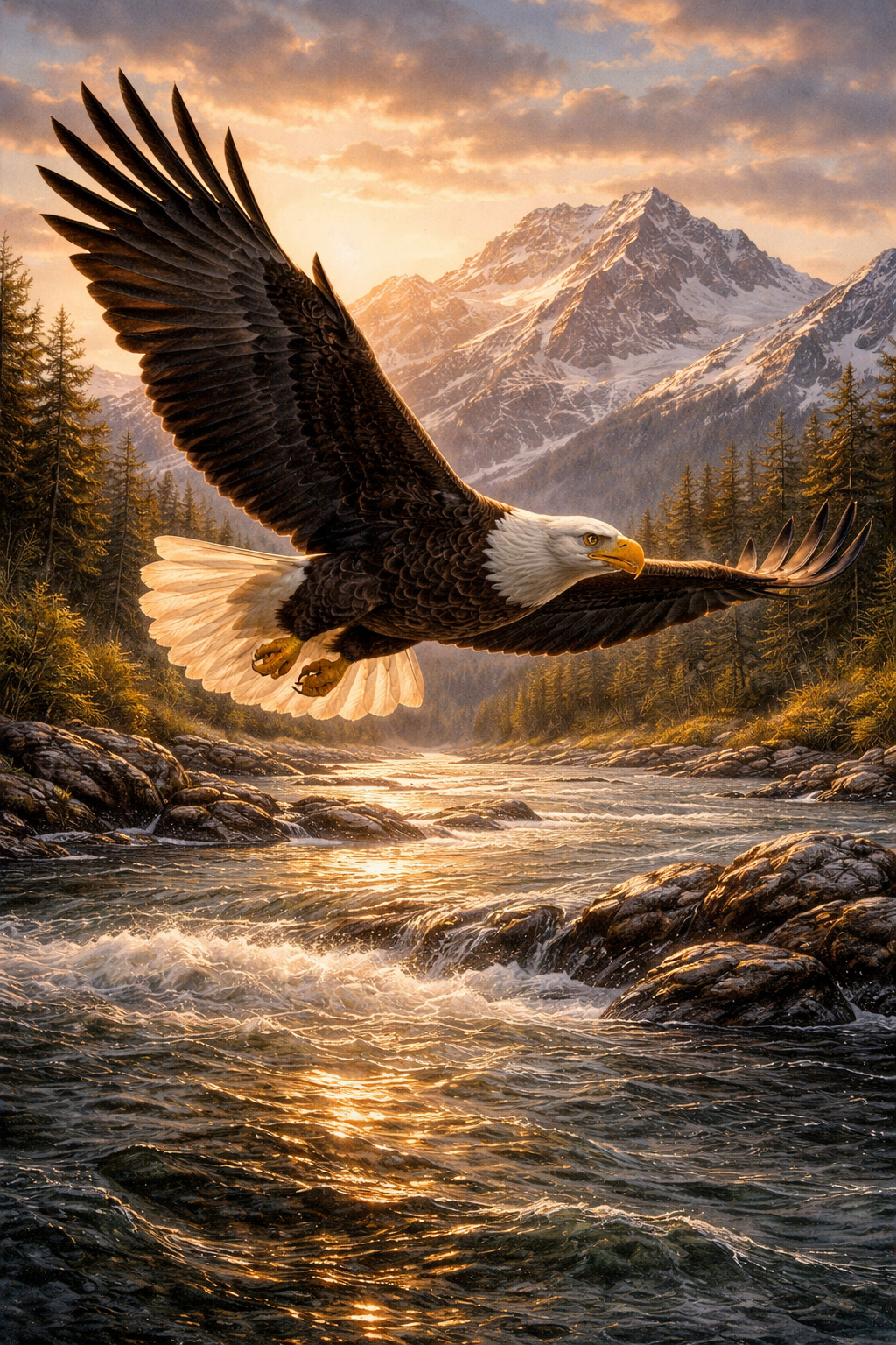 A bald eagle in full flight over an Alaskan river at golden hour with snow-capped mountains behind
