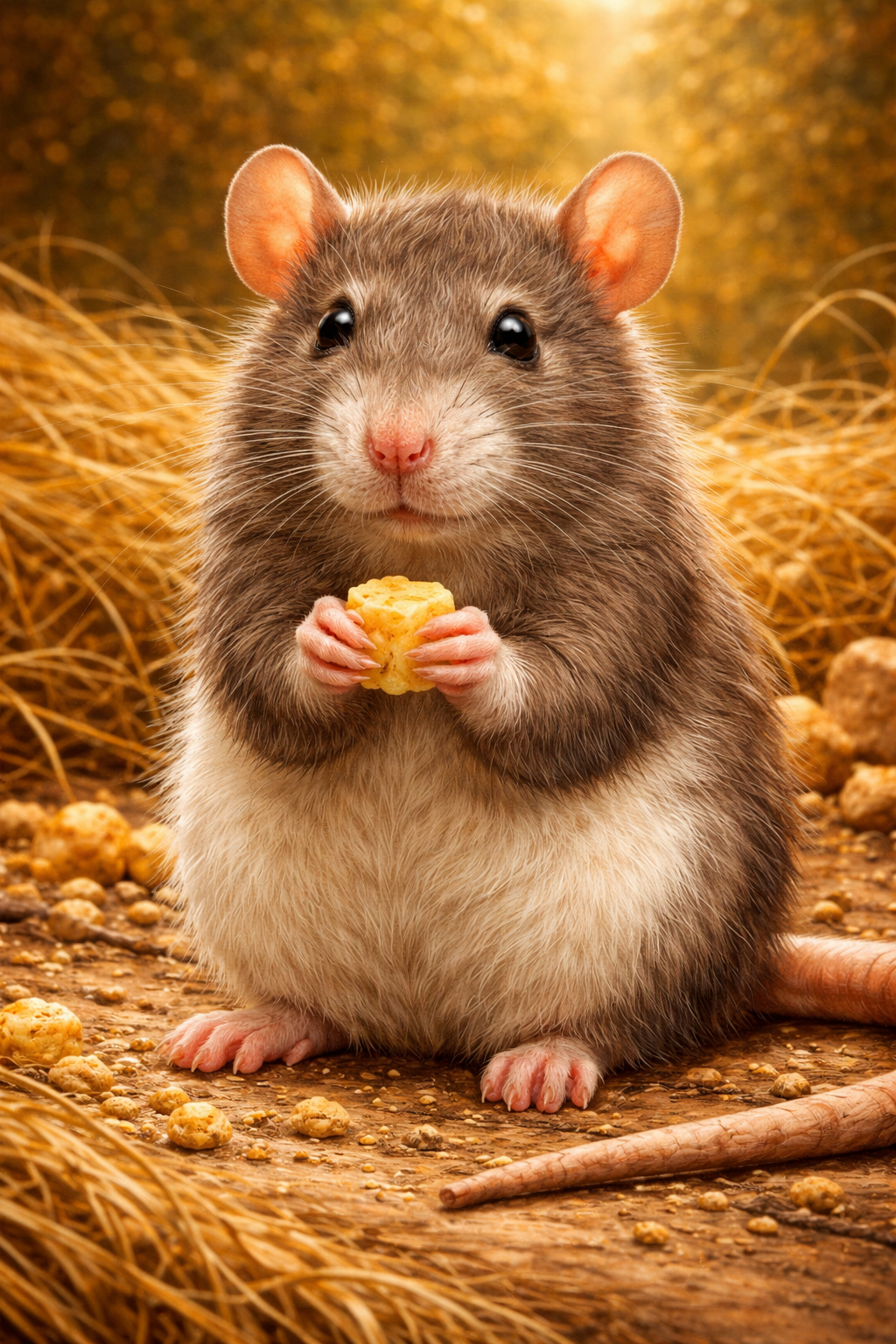 A rat sitting upright holding food in its paws against a warm golden background