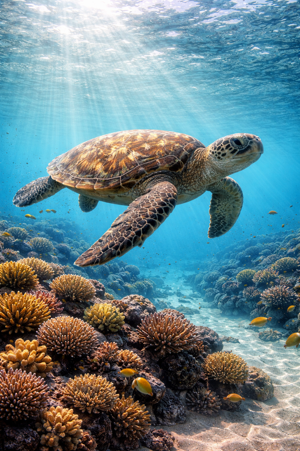 Photorealistic painting of a green sea turtle gliding over a coral reef in clear tropical ocean