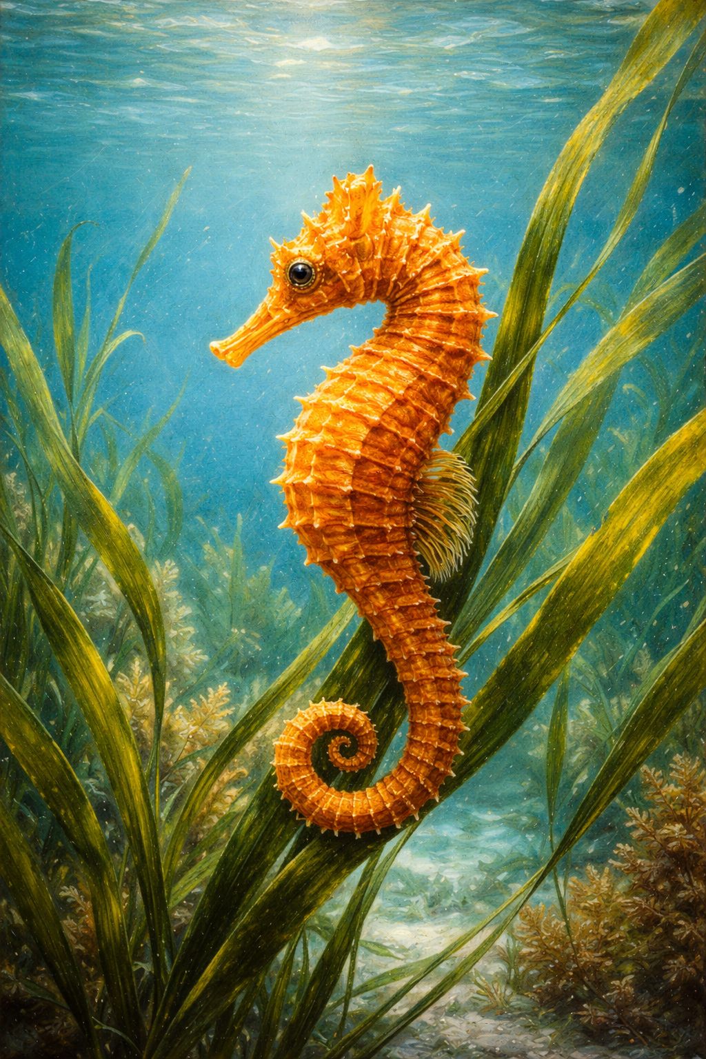 A vivid orange seahorse clinging to seagrass underwater with sunlight filtering from above