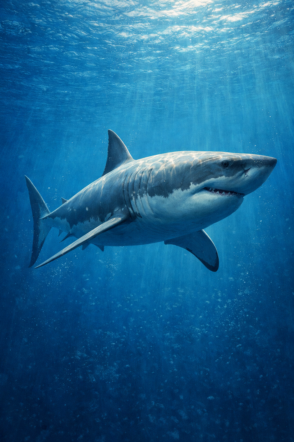 A great white shark gliding through deep blue ocean water with light rays from the surface