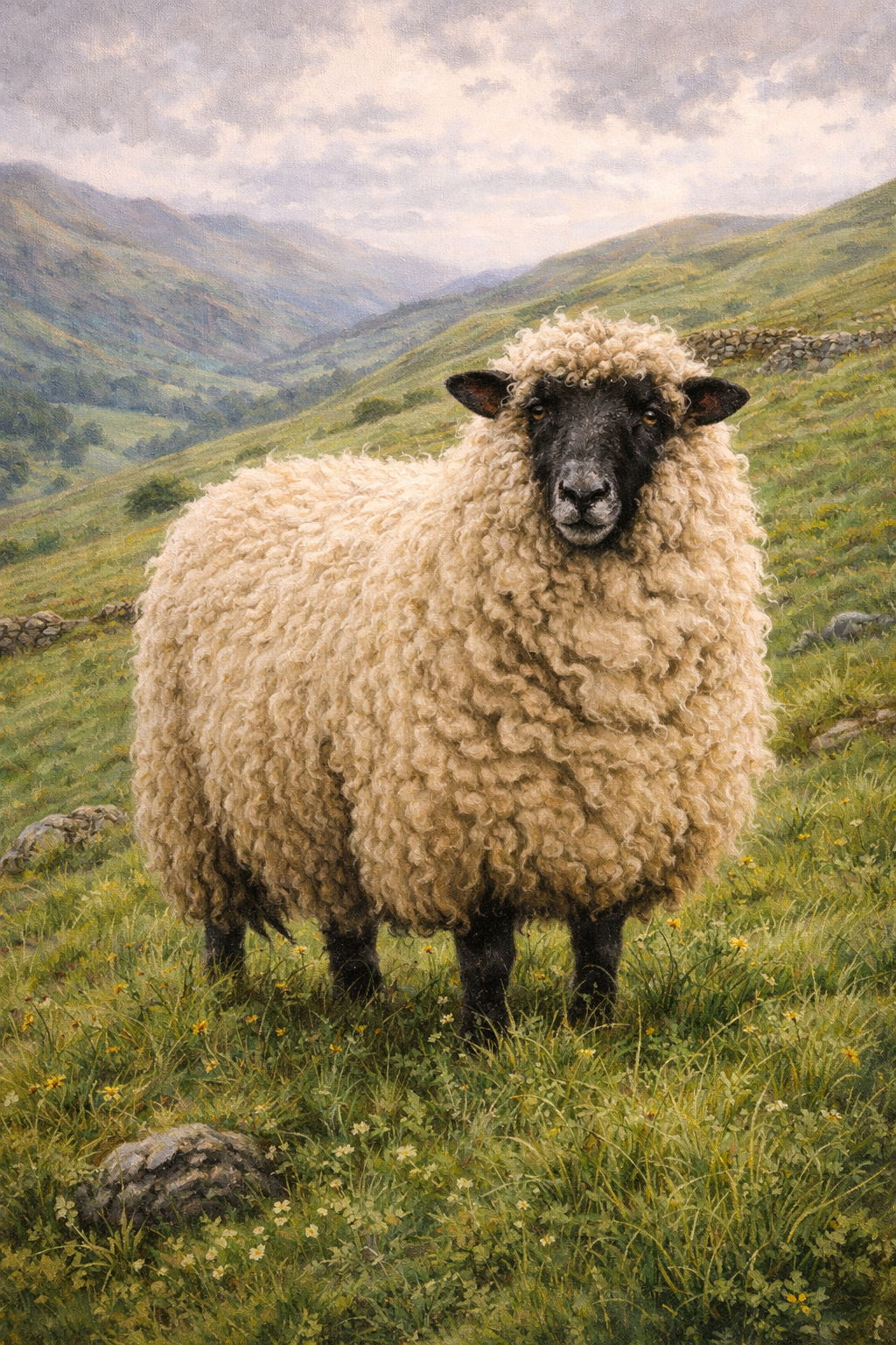 Photorealistic painting of a Blackface sheep on a Scottish hillside