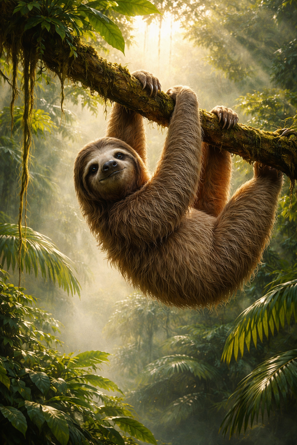 Photorealistic painting of a three-toed sloth hanging from a rainforest branch
