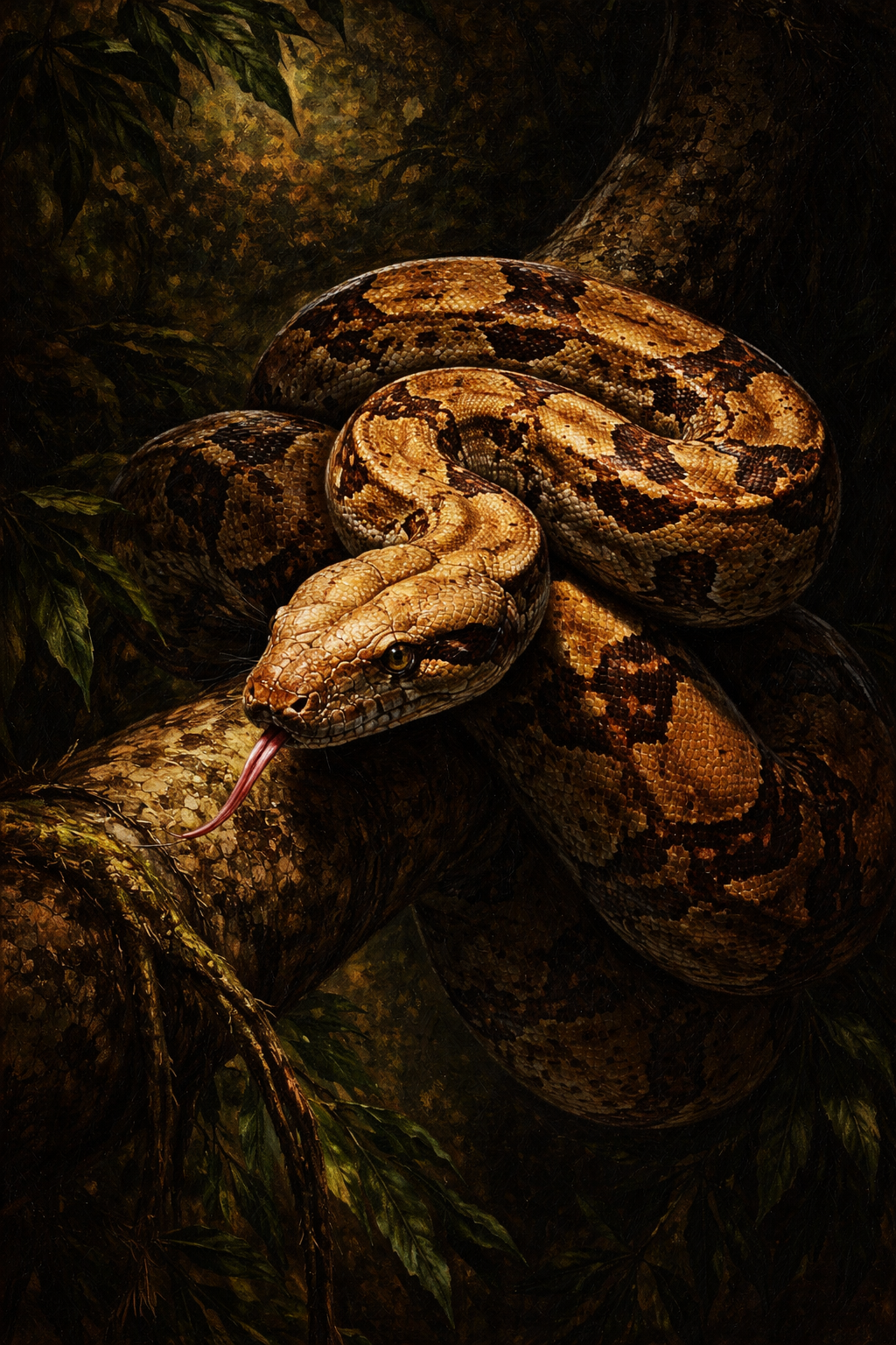 Photorealistic painting of a large boa constrictor coiled on a jungle branch with dramatic lighting and foliage