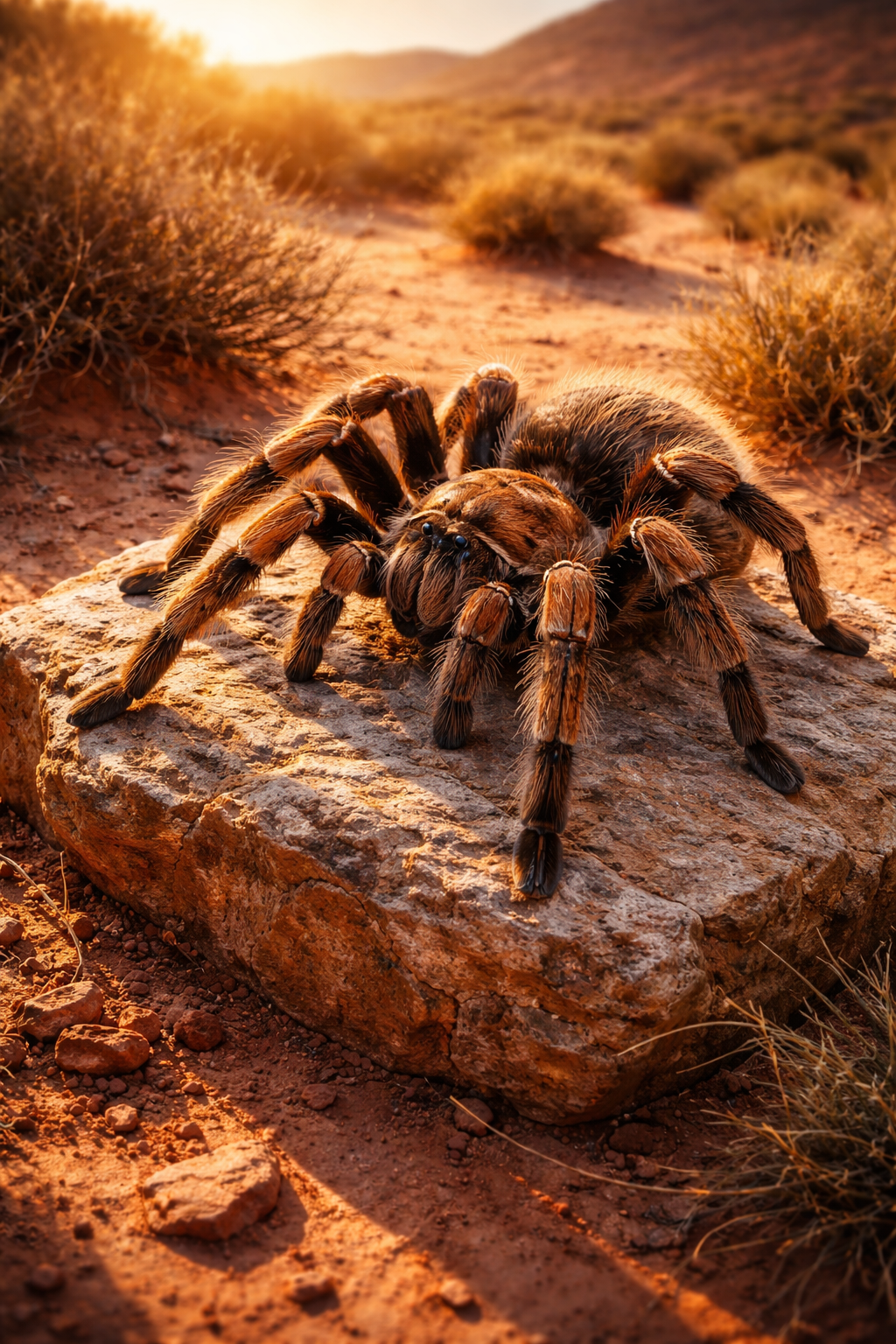Photorealistic painting of a tarantula in desert landscape