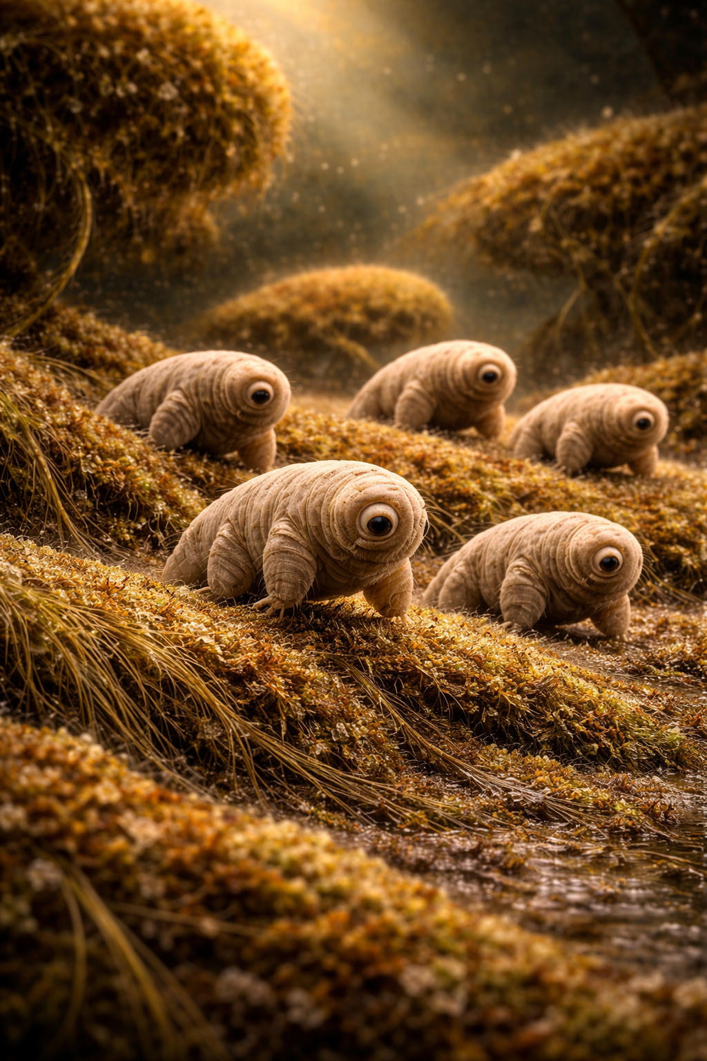 Close-up photorealistic image of a tardigrade crawling on moss