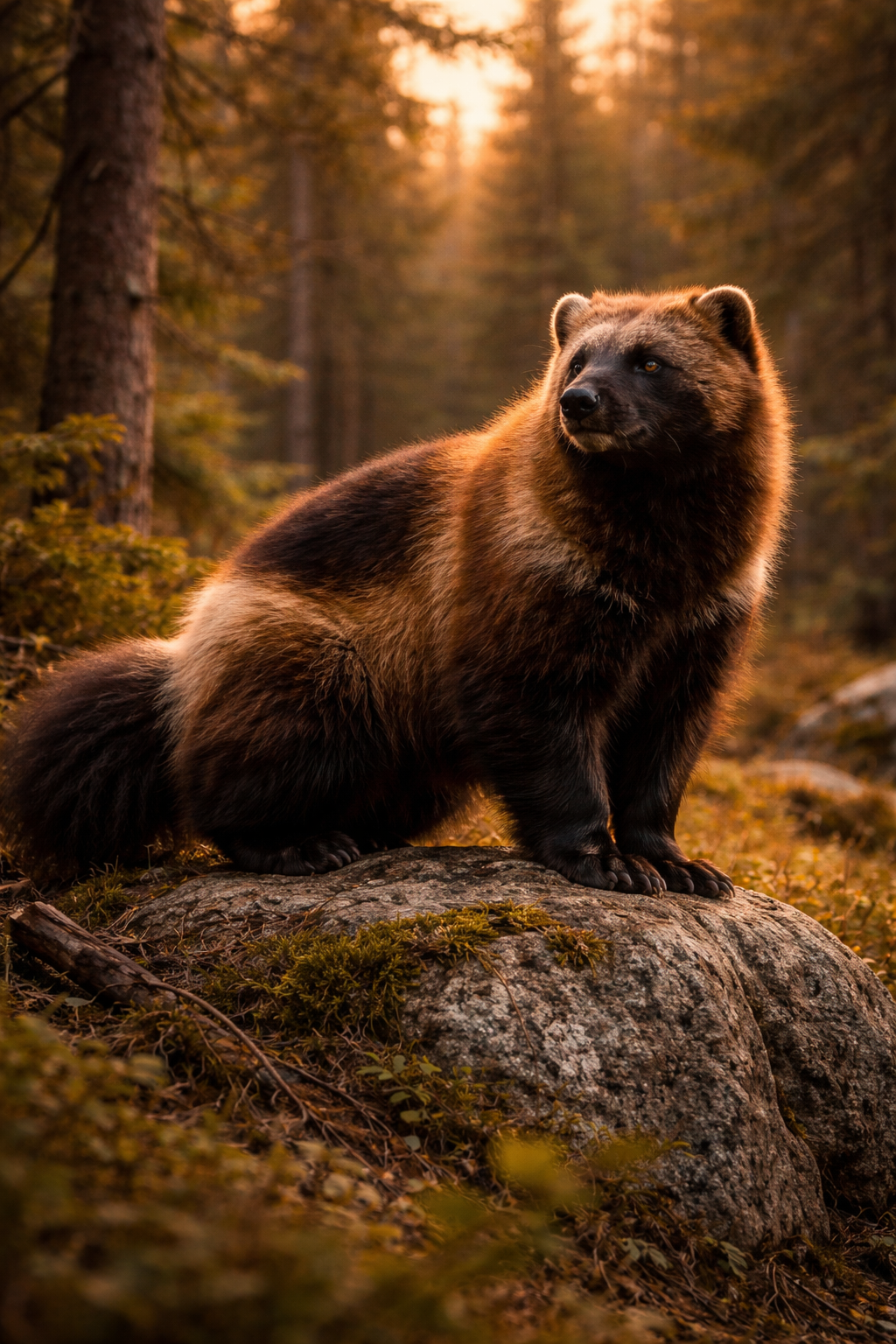 Photorealistic painting of a wolverine perched on a boulder in a boreal forest at golden hour
